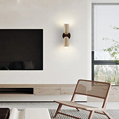 Applique Murale Moderne Bois et Pierre Travertin Jaune à Chaîne LED 2 Lumières