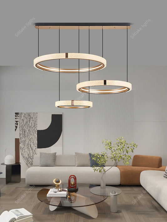 Suspension lustre anneau rond moderne en aluminium lumière chaude pour salon et chambre