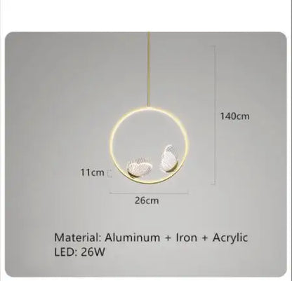 Plafonnier LED Anneau Métal Doré, Design Nordique avec Papillon Acrylique, Éclairage Salon et Chambre
