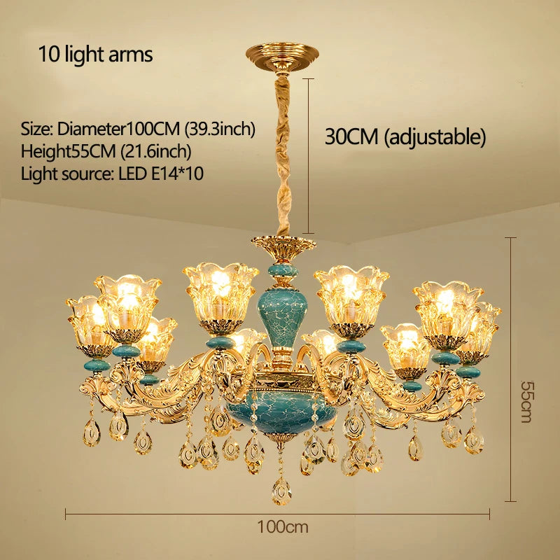 Lustre design européen en céramique et cristal, lumière chaude élégante