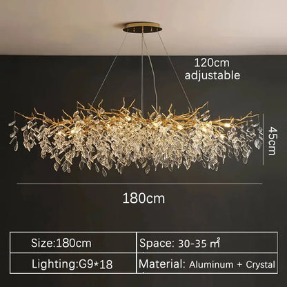 Suspension lustre LED cristal doré design moderne pour intérieur villa