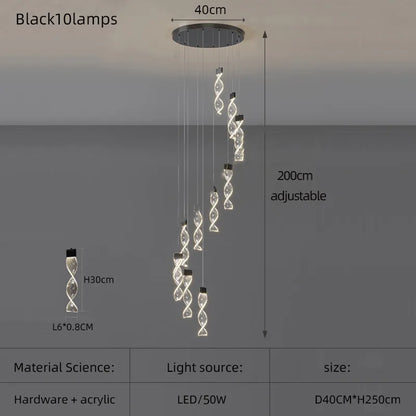 Lustre Spirale Duplex LED en cristal noir et or, design moderne, lumière blanche chaude