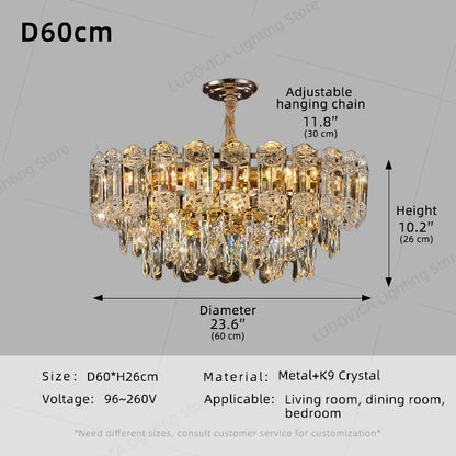 Suspension lustre LED cristal design moderne pour salle à manger haut plafond