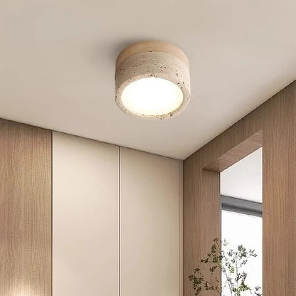 Plafonnier LED design Japonais en pierre travertin jaune et bois naturel, ambiance chaleureuse