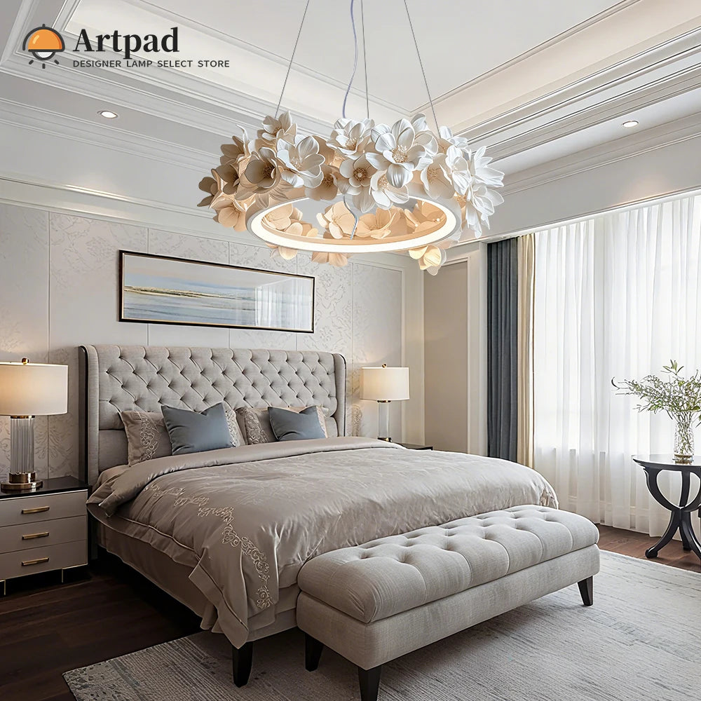 Suspension ronde florale en résine blanche crème à double couche pour salon et cuisine