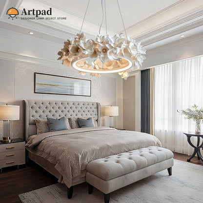 Suspension ronde florale en résine blanche crème à double couche pour salon et cuisine