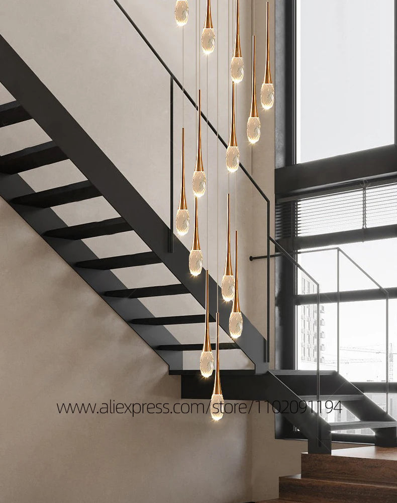 Suspension LED Moderne en Aluminium et Cristal, Lumière Chaude Dimable pour Salon et Escalier