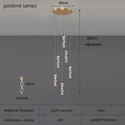 Lustre Spirale Duplex LED en cristal noir et or, design moderne, lumière blanche chaude