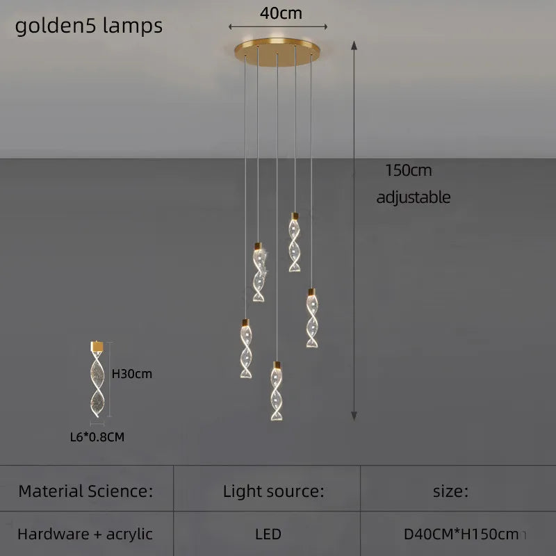 Lustre Spirale Duplex LED en cristal noir et or, design moderne, lumière blanche chaude