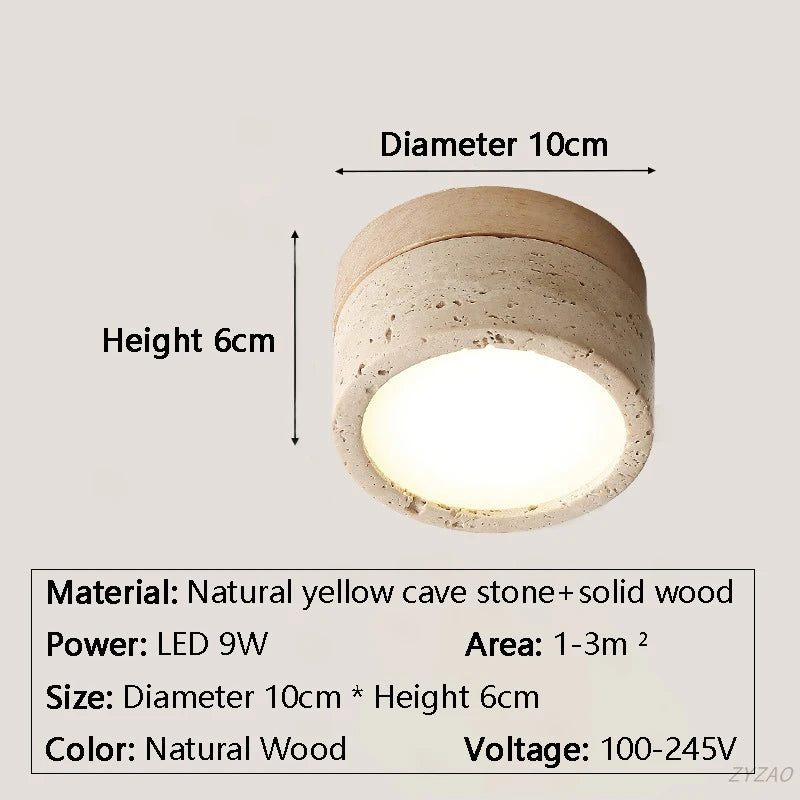Plafonnier LED design Japonais en pierre travertin jaune et bois naturel, ambiance chaleureuse