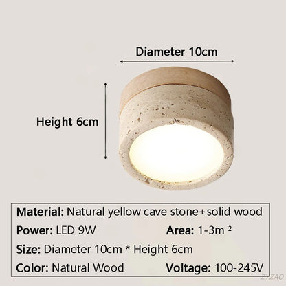 Plafonnier LED design Japonais en pierre travertin jaune et bois naturel, ambiance chaleureuse