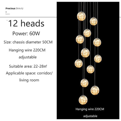 Suspension LED moderne boule de verre pour escalier et salon, lumière chaude dimmable