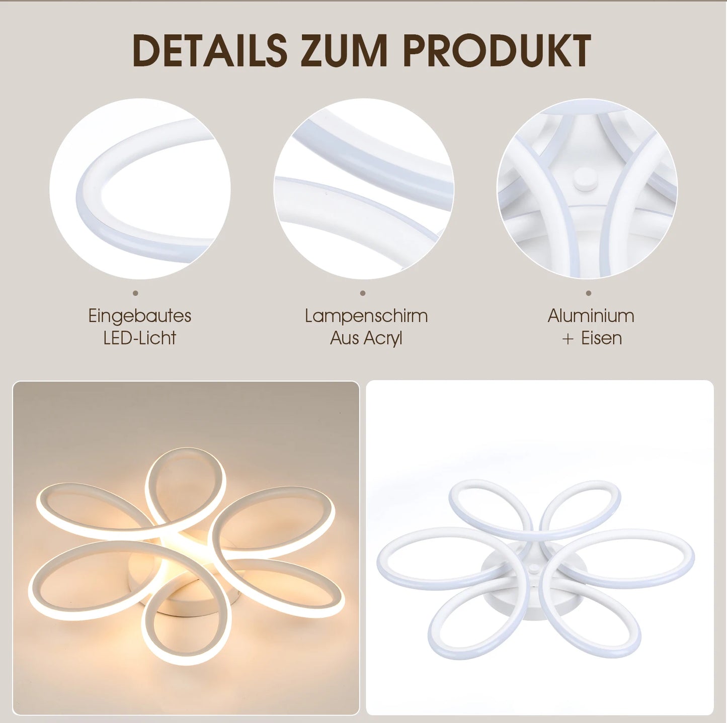 Plafonnier LED 60W design floral en métal, lumière blanc chaud 3000K, 43 cm, ambiance cosy