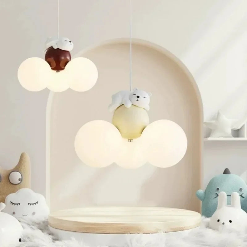 Suspension lustre ours dessin animé en métal, lumière douce pour chambre d’enfant
