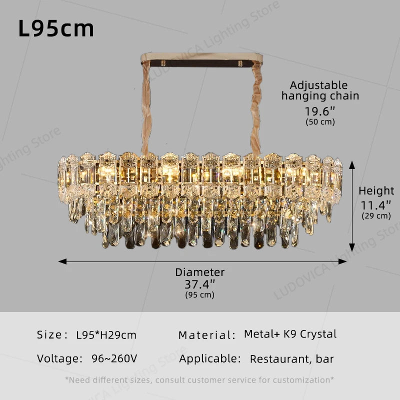 Suspension lustre LED cristal design moderne pour salle à manger haut plafond