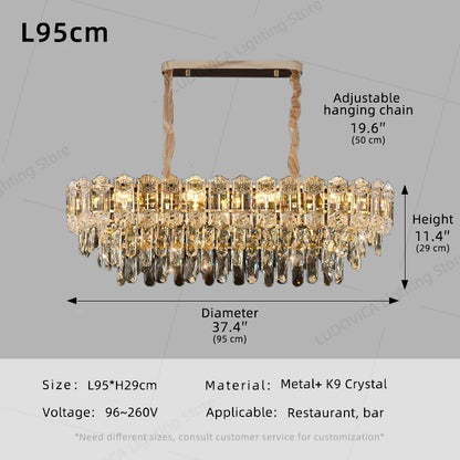 Suspension lustre LED cristal design moderne pour salle à manger haut plafond