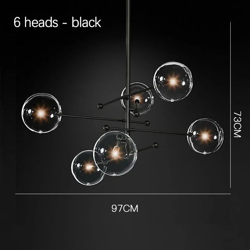 Suspension boule en verre design nordique noir et or LED pour salon et chambre