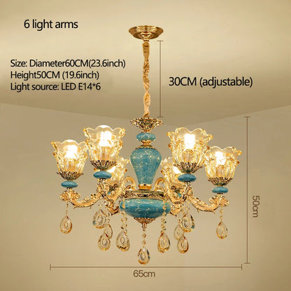 Lustre design européen en céramique et cristal, lumière chaude élégante