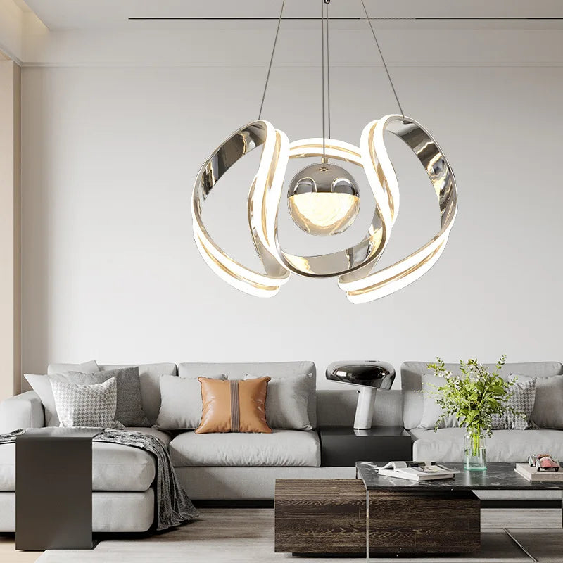 Suspension lustre anneau boule LED design moderne en métal, ambiance cosy