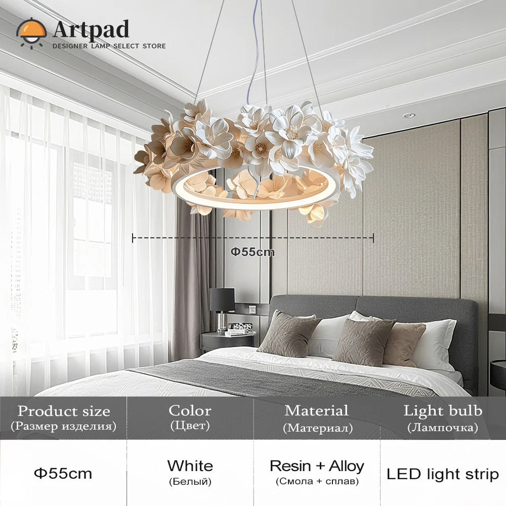 Suspension ronde florale en résine blanche crème à double couche pour salon et cuisine