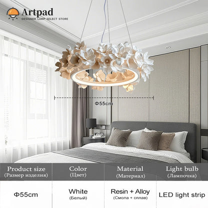 Suspension ronde florale en résine blanche crème à double couche pour salon et cuisine