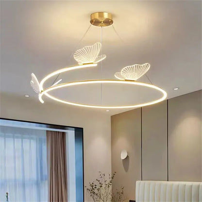 Plafonnier LED Anneau Métal Doré, Design Nordique avec Papillon Acrylique, Éclairage Salon et Chambre