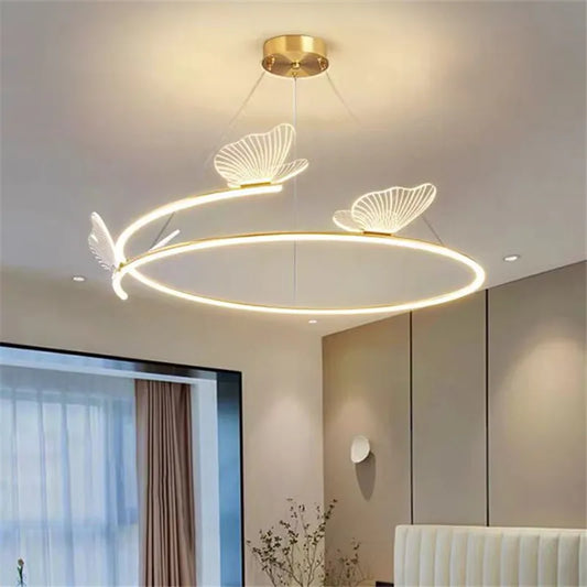 Plafonnier LED Anneau Métal Doré, Design Nordique avec Papillon Acrylique, Éclairage Salon et Chambre