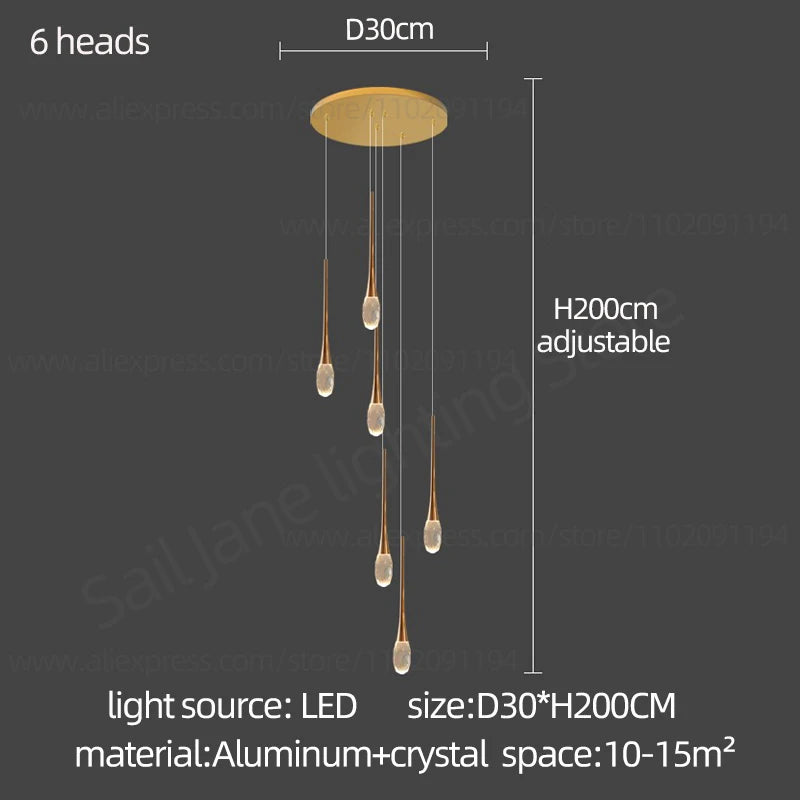 Suspension LED Moderne en Aluminium et Cristal, Lumière Chaude Dimable pour Salon et Escalier