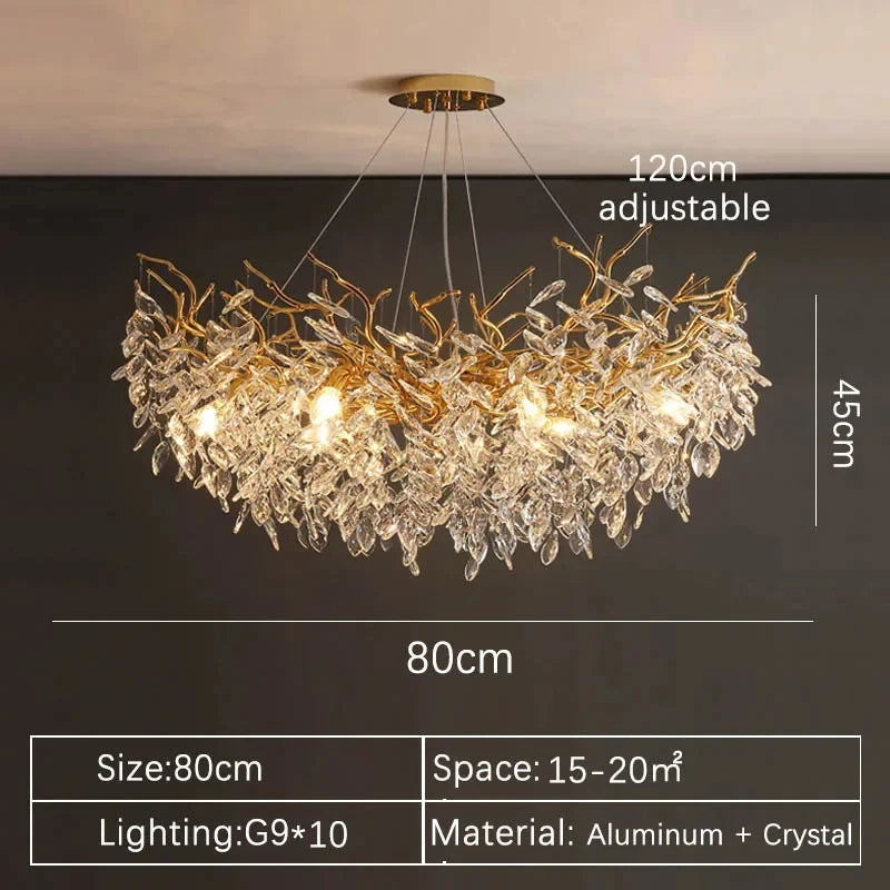 Suspension lustre LED cristal doré design moderne pour intérieur villa