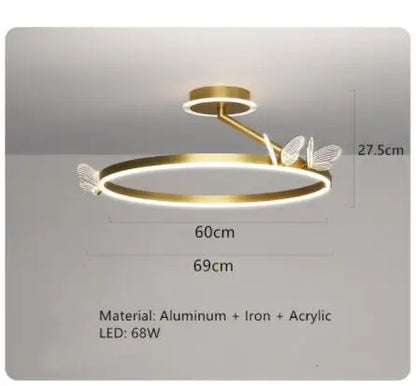 Plafonnier LED Anneau Métal Doré, Design Nordique avec Papillon Acrylique, Éclairage Salon et Chambre
