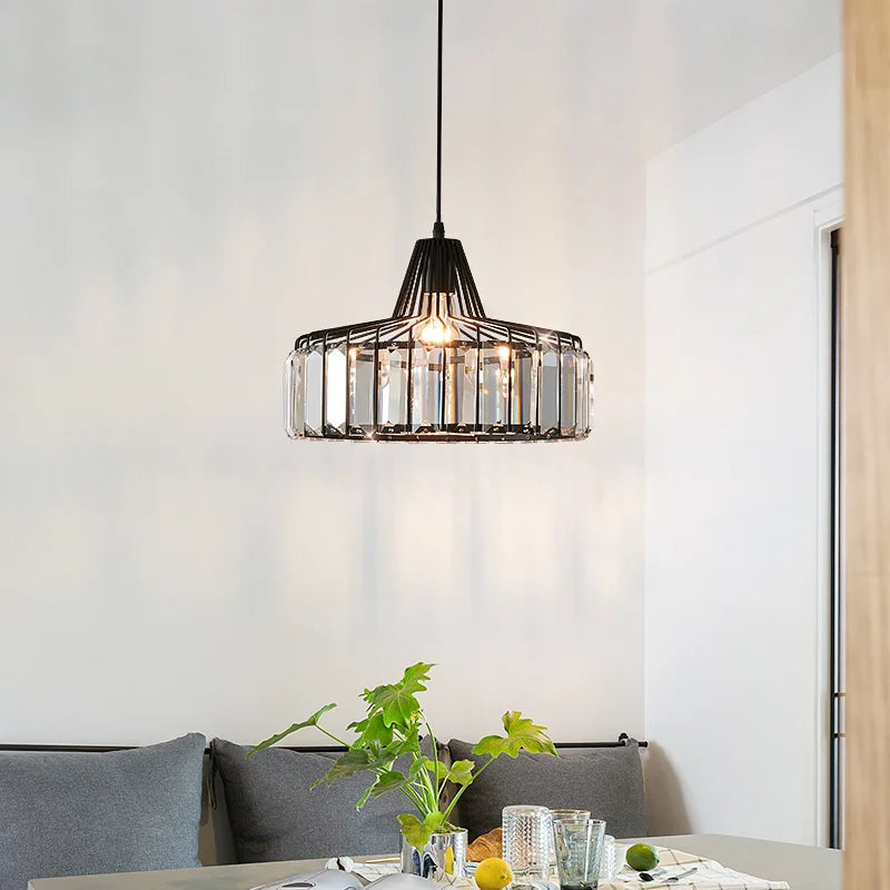 Suspension LED en cristal noir et fer, design moderne nordique