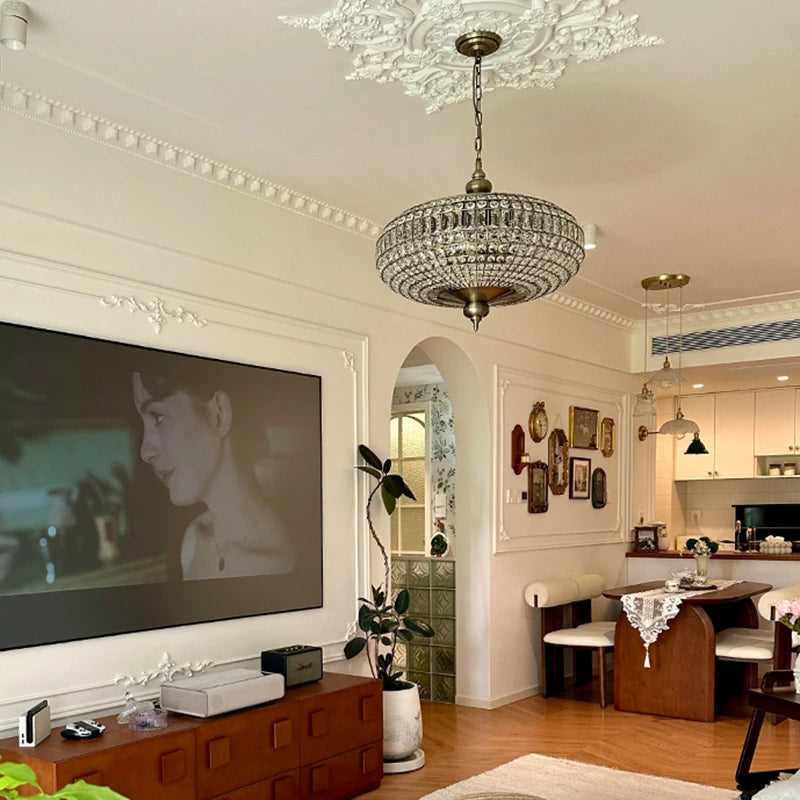 Suspension vintage en cristal et cuivre poli, éclairage LED chaleureux pour salon et hôtel