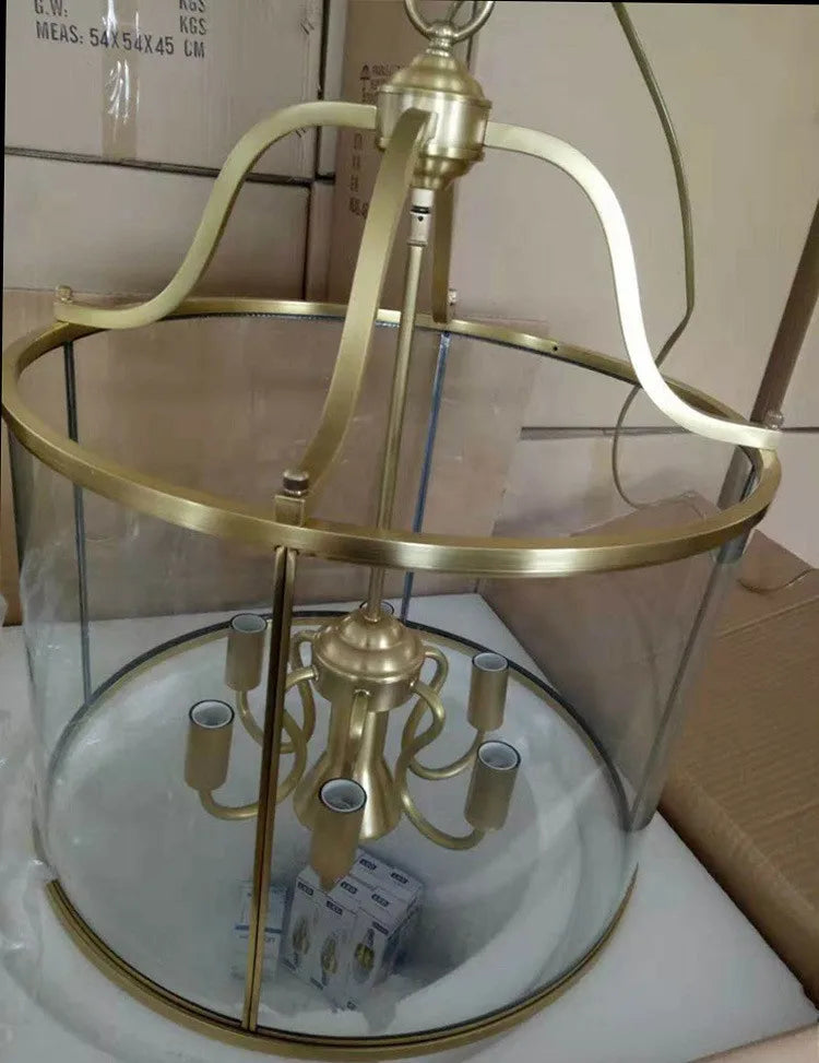 Suspension vintage en cuivre avec cage à oiseaux en verre, éclairage chaleureux