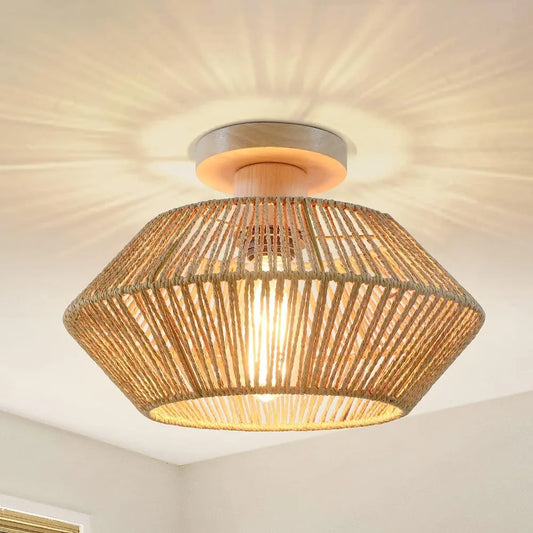 Plafonnier LED en rotin tressé style chinois avec abat-jour en corde de chanvre, éclairage décoratif pour salon et maison