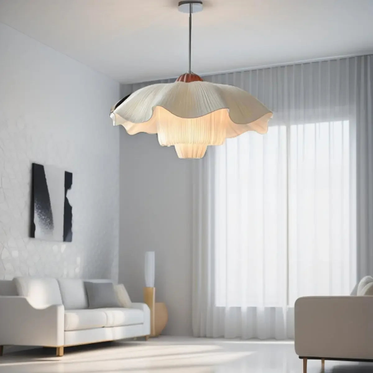 Suspension Lustre français pétale nordique en tissu crème, lumière chaude élégante pour salon et chambre
