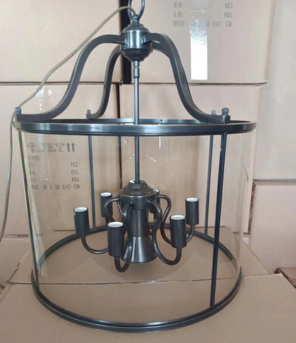 Suspension vintage en cuivre avec cage à oiseaux en verre, éclairage chaleureux