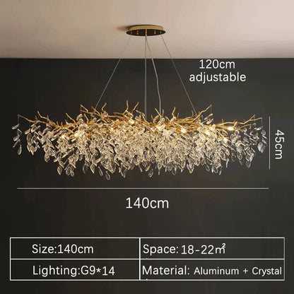 Suspension lustre LED cristal doré design moderne pour intérieur villa