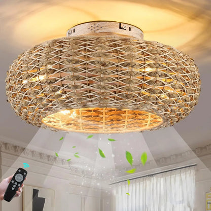 Plafonnier ventilateur silencieux en bambou avec lumière LED et télécommande, design moderne