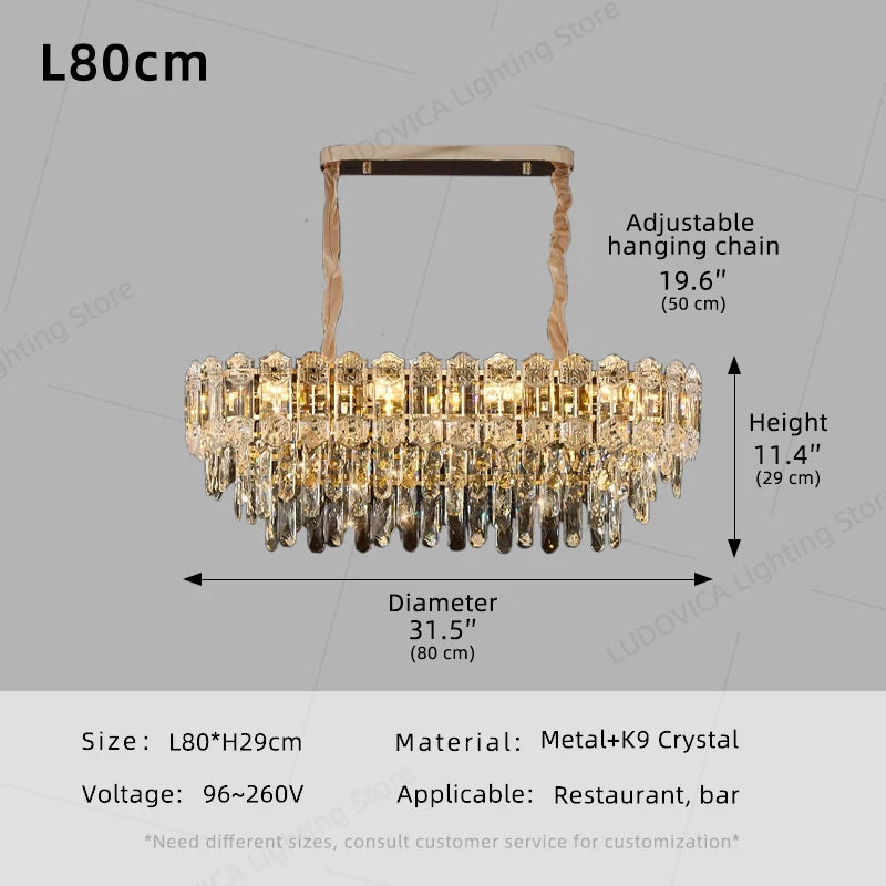 Suspension lustre LED cristal design moderne pour salle à manger haut plafond