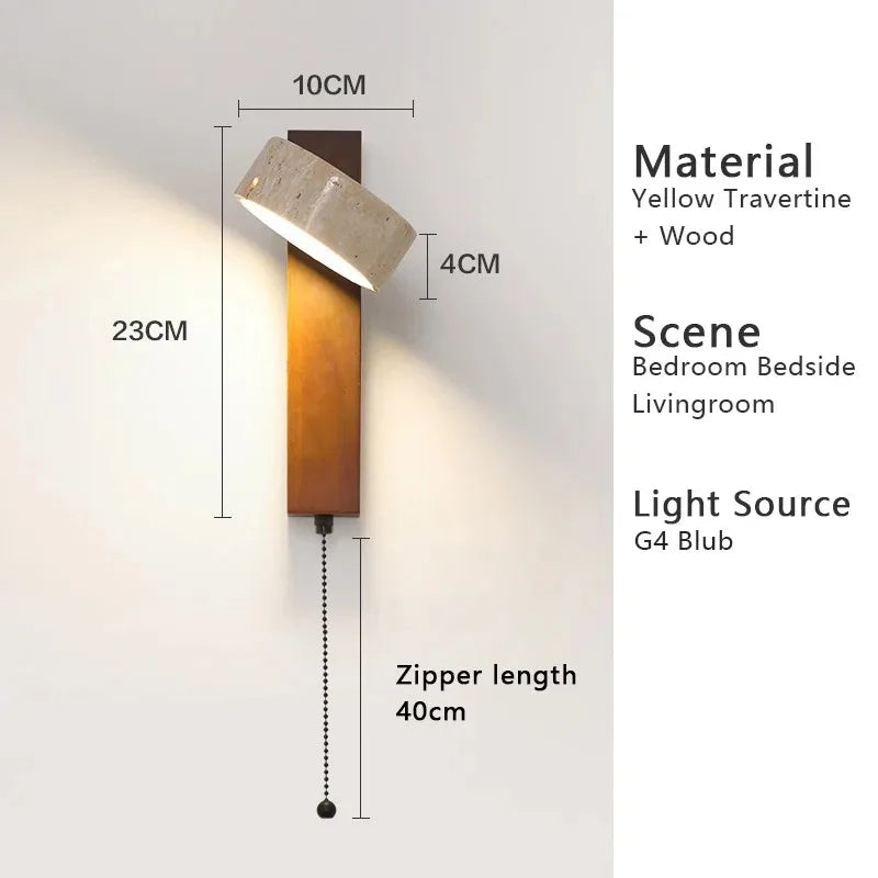 Applique Murale Japonaise Wabi Sabi en Travertin Jaune avec LED et Interrupteur à Chaînette