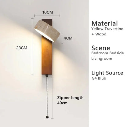 Applique Murale Japonaise Wabi Sabi en Travertin Jaune avec LED et Interrupteur à Chaînette