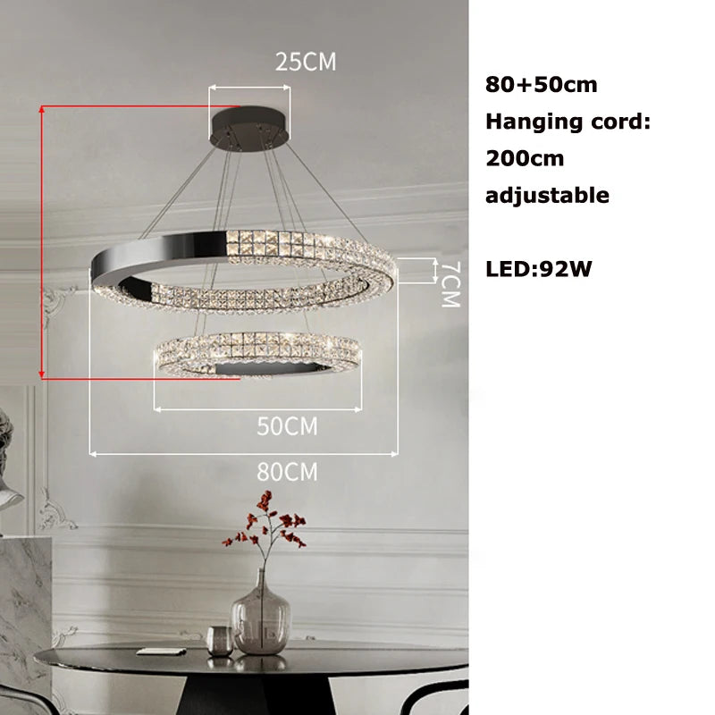 Lustre suspendu K9 cristal noir LED dimmable en acier inoxydable pour salon