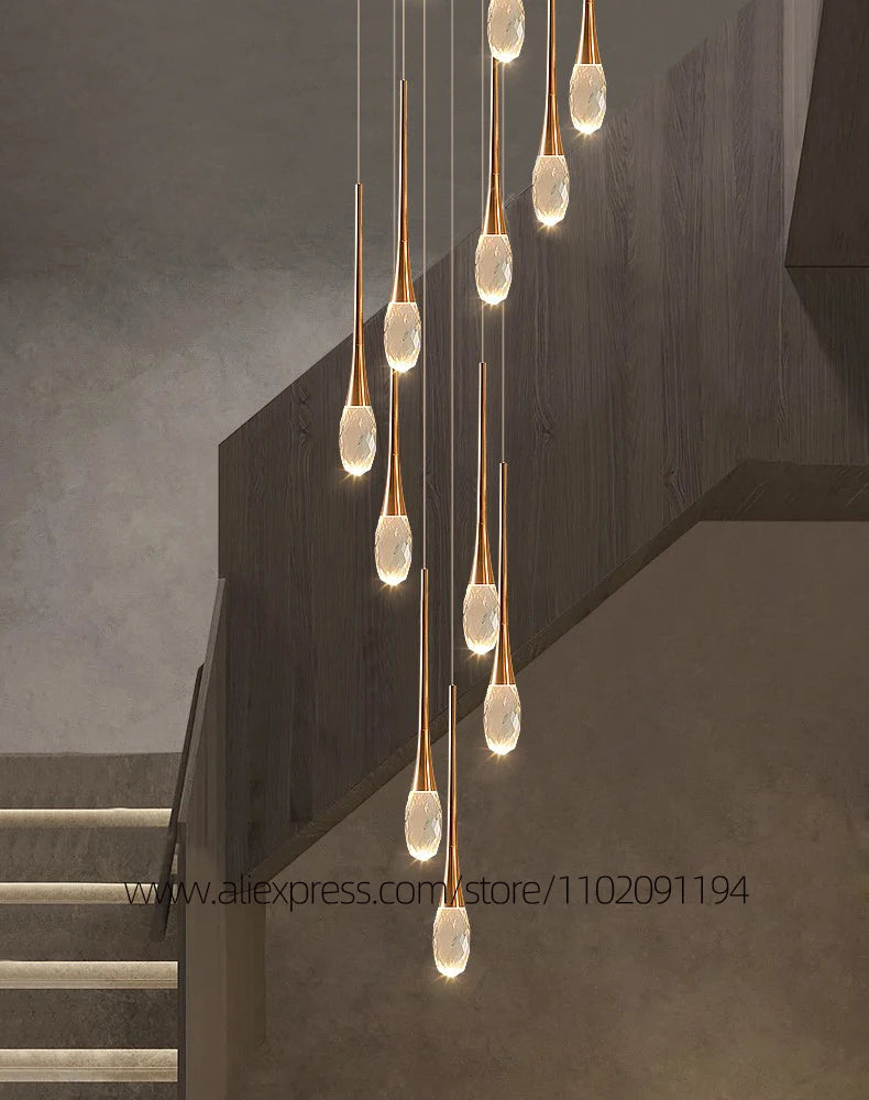 Suspension LED Moderne en Aluminium et Cristal, Lumière Chaude Dimable pour Salon et Escalier