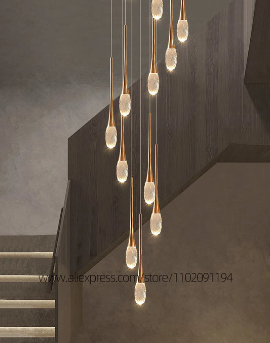 Suspension LED Moderne en Aluminium et Cristal, Lumière Chaude Dimable pour Salon et Escalier