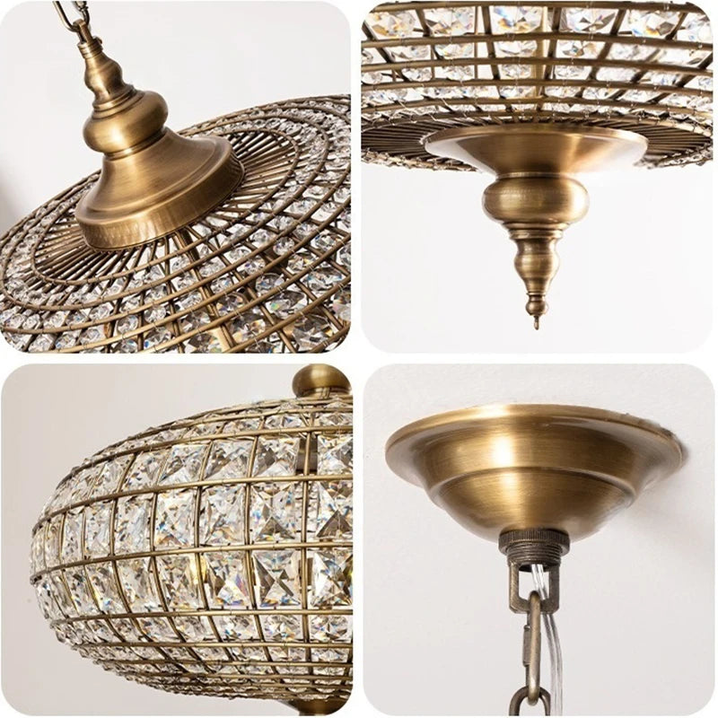 Suspension vintage en cristal et cuivre poli, éclairage LED chaleureux pour salon et hôtel