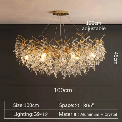 Suspension lustre LED cristal doré design moderne pour intérieur villa