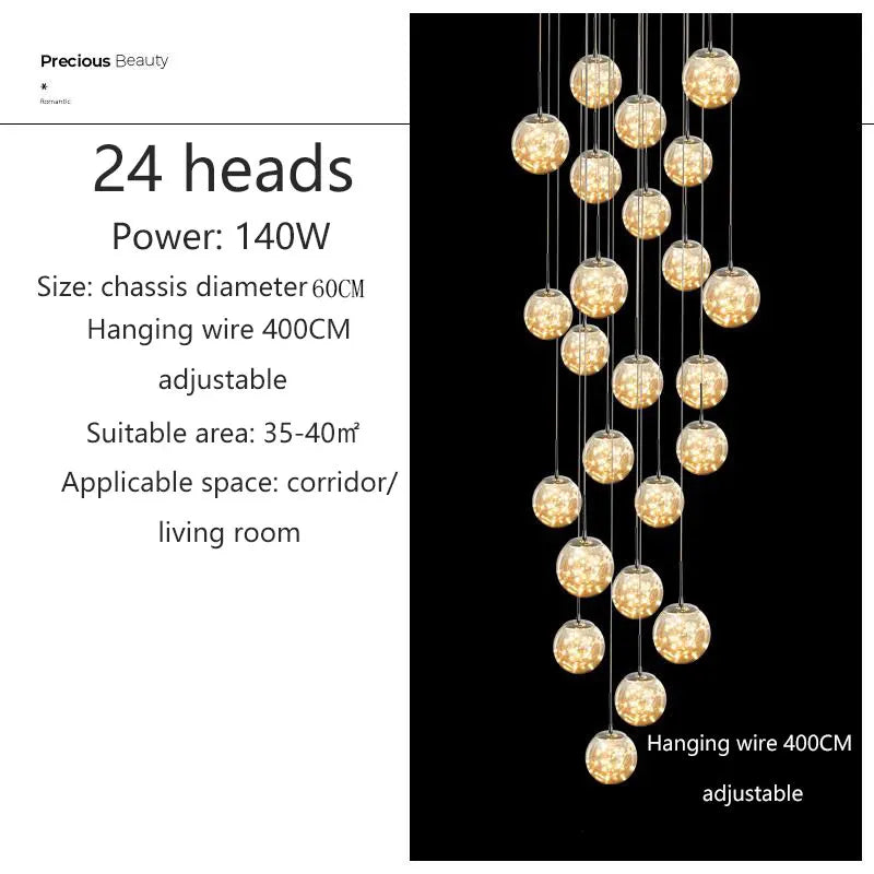 Suspension LED moderne boule de verre pour escalier et salon, lumière chaude dimmable