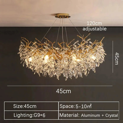 Suspension lustre LED cristal doré design moderne pour intérieur villa