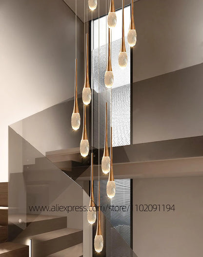 Suspension LED Moderne en Aluminium et Cristal, Lumière Chaude Dimable pour Salon et Escalier