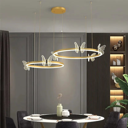 Plafonnier LED Anneau Métal Doré, Design Nordique avec Papillon Acrylique, Éclairage Salon et Chambre